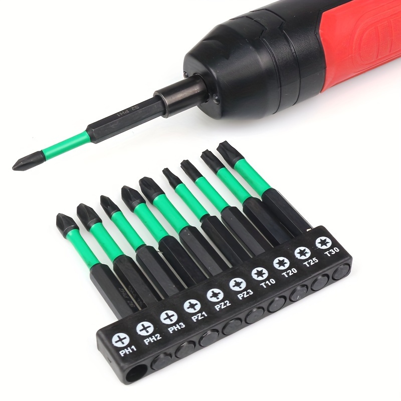 

10 Piece S2 Steel Screwdriver Bit Set - Magnetic Torx Hex Phillips Pozidriv Bits, Anti-slip Impact Resistant Power Drill Driver Tips With Strong Magnetism, High Hardness Hexagonal Head, Green