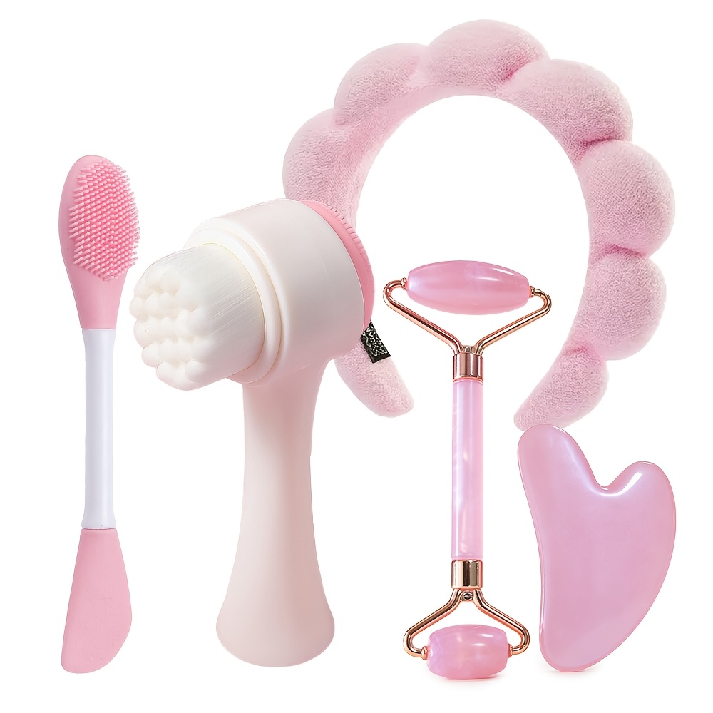 5pcs Beauty Tool Set | Rose Quartz Roller + Dual-ended Silicone Mask Brush + Headband + Large Face Brush, Skincare Tool Combo For Gentle Facial Cleansing, High Crown Styling