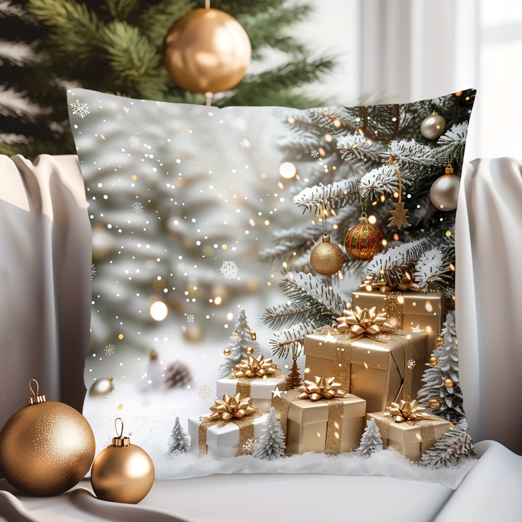 

Christmas Charm Pillow Cover 17.7" - Snowmen & Trees Design, Single-sided Print, Sofa & Bedroom Decor, Zip Closure, Hand Washable Polyester, Christmas Decor