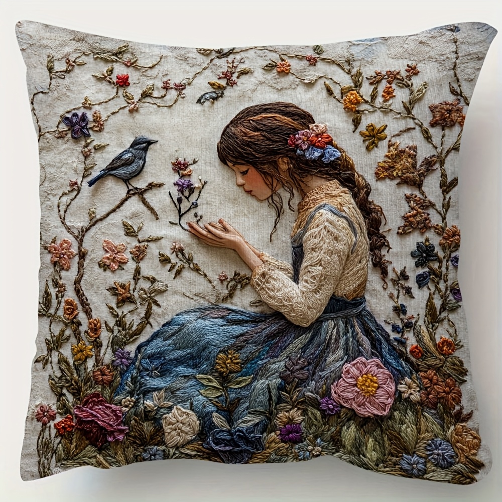 

1pc Syla1701 18x18 Inch Contemporary Embroidery- Polyester Throw Pillow Cover, Double-sided Design, Hand Wash, Zipper Closure, Decorative For Room Types - Soft Short Plush, No Insert