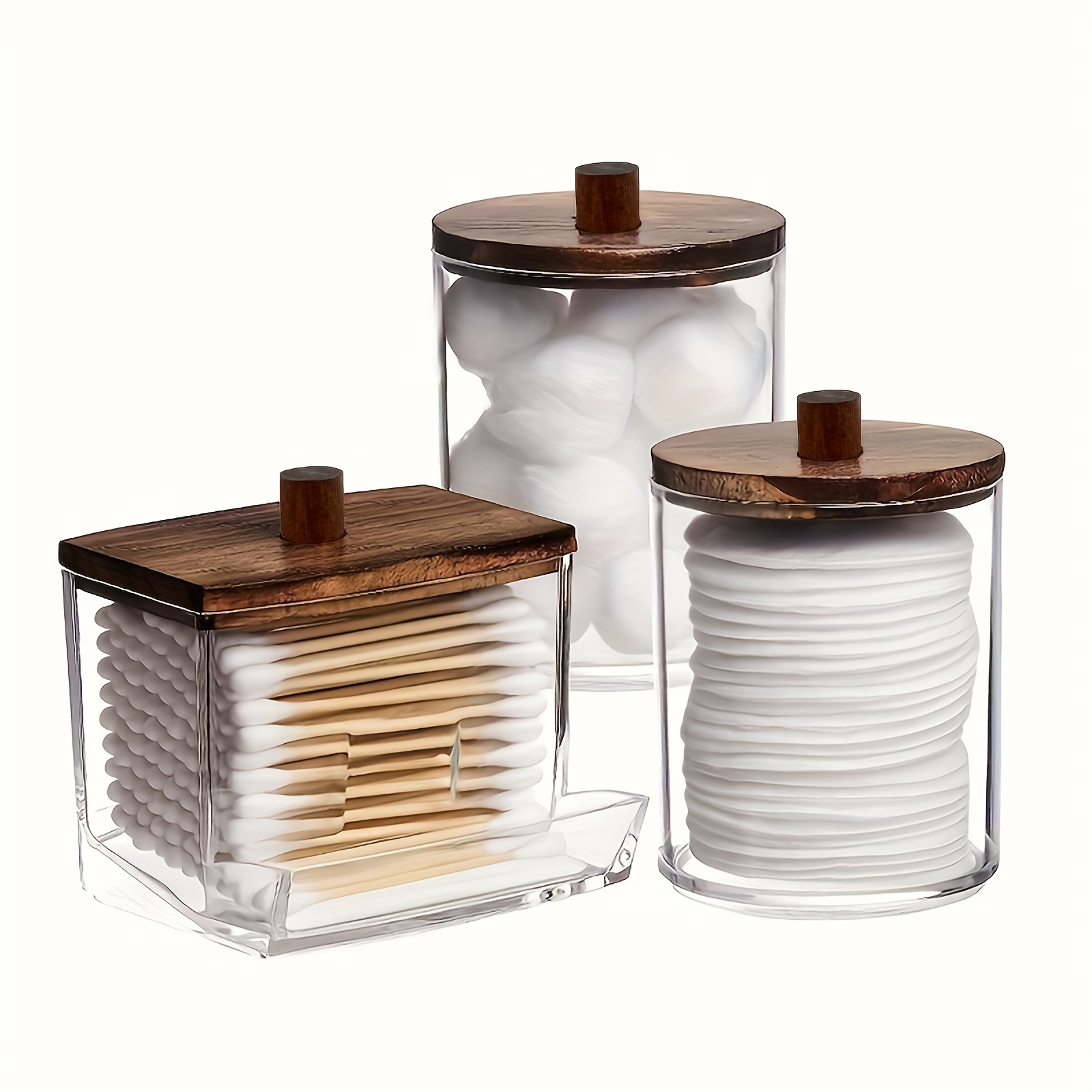 

3pcs Cotton Swab Organizers With Bamboo Lids, Dust-proof Lidded Plastic Round Cotton Buds Box Case, Cosmetic Pads Storage Containers For Bathroom Accessories