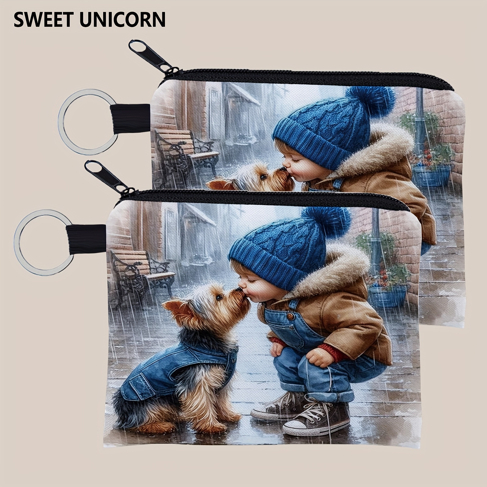 

Sweet Unicorn 2pcs Set: Dog Print Zipper Pouches - Lightweight, Multi-functional Coin & Card Holders With Keychain - Perfect Gift For Women And Girls