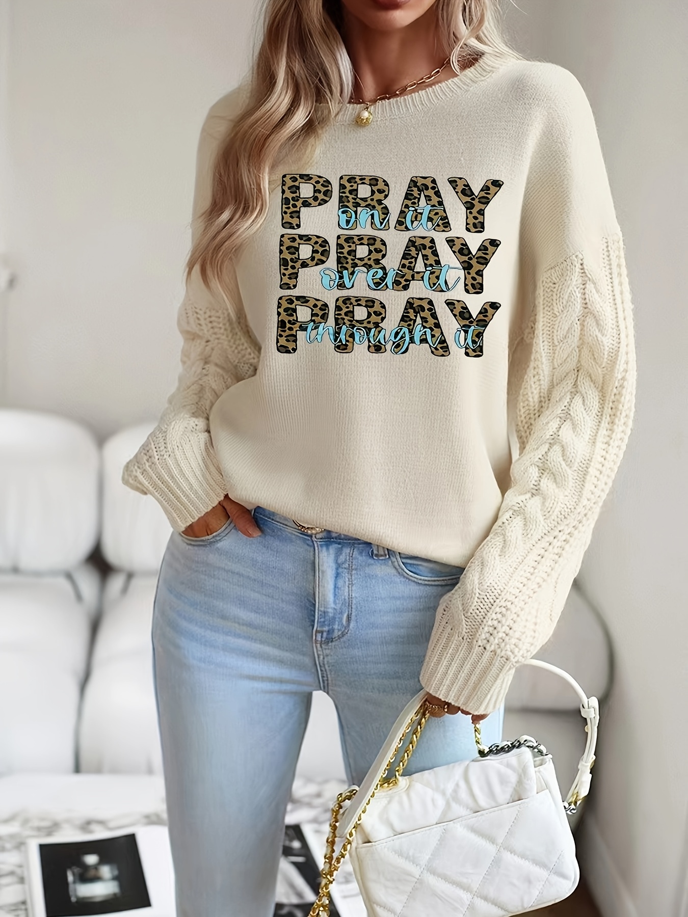 women's chic crew neck knit pullover sweater alphabet print Temu