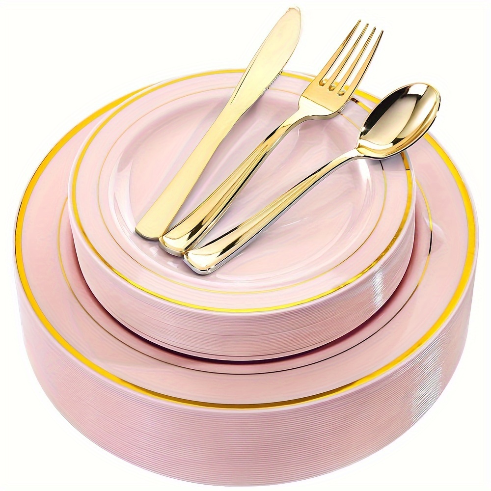 

150pcs Pink Plastic Plates With Gold Rim - Pink Plates With Gold Plastic Silverware -pink Disposable Plates For Party, Bridal Shower, Wedding