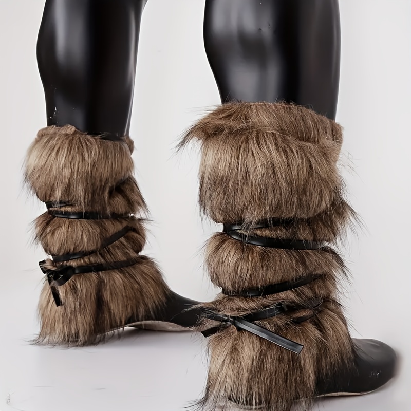 1 Pair Medieval Viking Brown Faux Fur Leg Warmers with Adjustable Straps - Fluffy Costume Accessories for Halloween, Cosplay, Renaissance Fairs & Themed Parties, Halloween Costumes