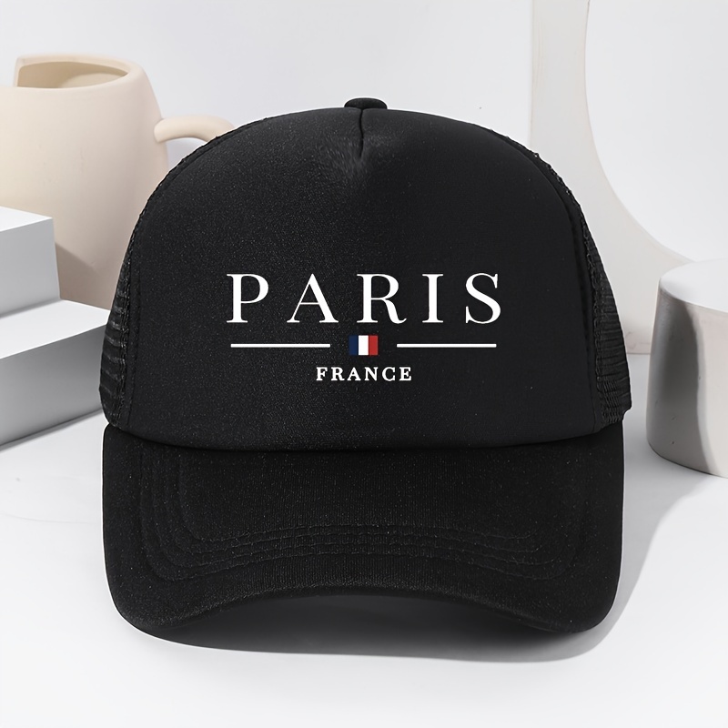 

Unisex Paris Print Mesh Baseball Cap, Adjustable Summer Sun Protection Trucker Hat, Casual Sunshade Peaked Hat For Outdoor Sports And Fishing