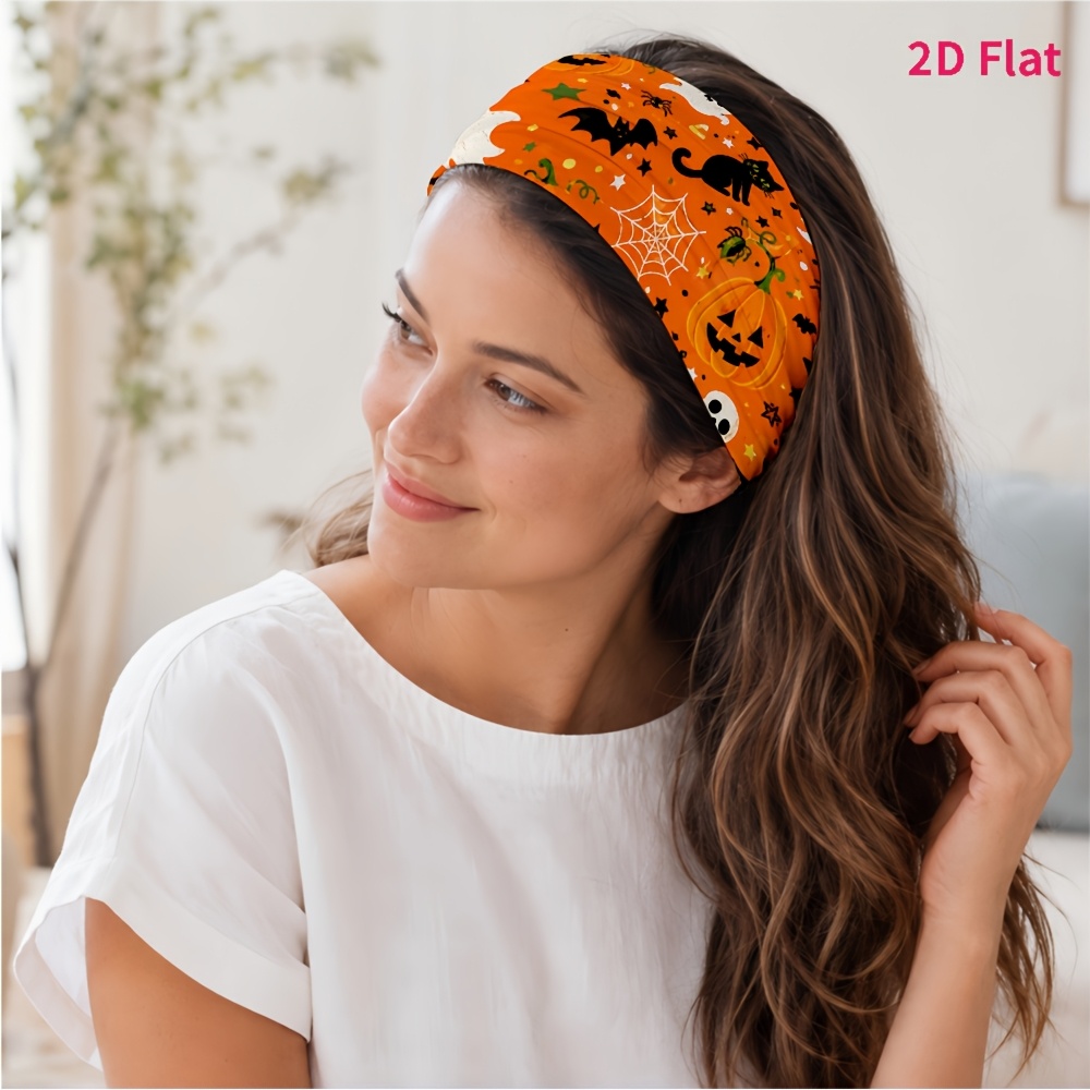 TEMU 2d Flat 1pc New Style Hair Band, Halloween Theme Pattern (pumpkin, , Black Cat, Web), Suitable For Yoga/fitness/daily /skincare, Photo /party