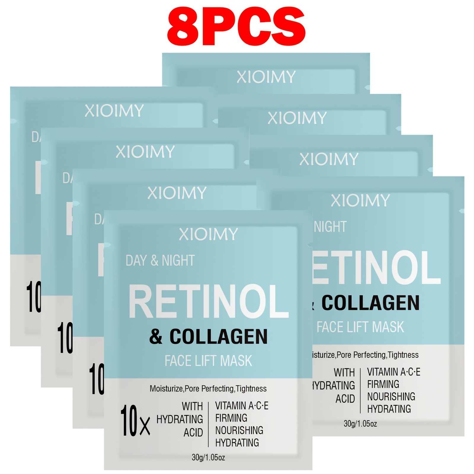 Image of 8pcs Of 10x Retinol And Collagen Masks Hyaluronic Acid And Vitamins A, C, And E, Moisturizing To Make Facial Delicate, Smooth, And Hydrated, The And Providing For Facial Care