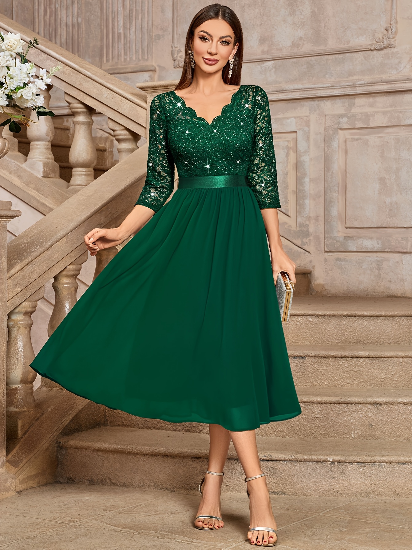 Women's Elegant Chiffon Cocktail Dress - Classy 3/4 Sleeve Ruffle Party Dress For Weddings & Events