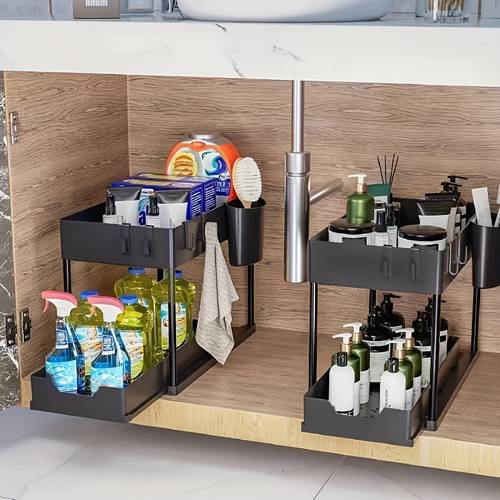 2 colors from 1 tier sliding under sink storage box black white plastic storage basket suitable for kitchen spices cosmetics and accessories multipurpose bathroom cabinet drawer organizer kitchen storage box stylish storage