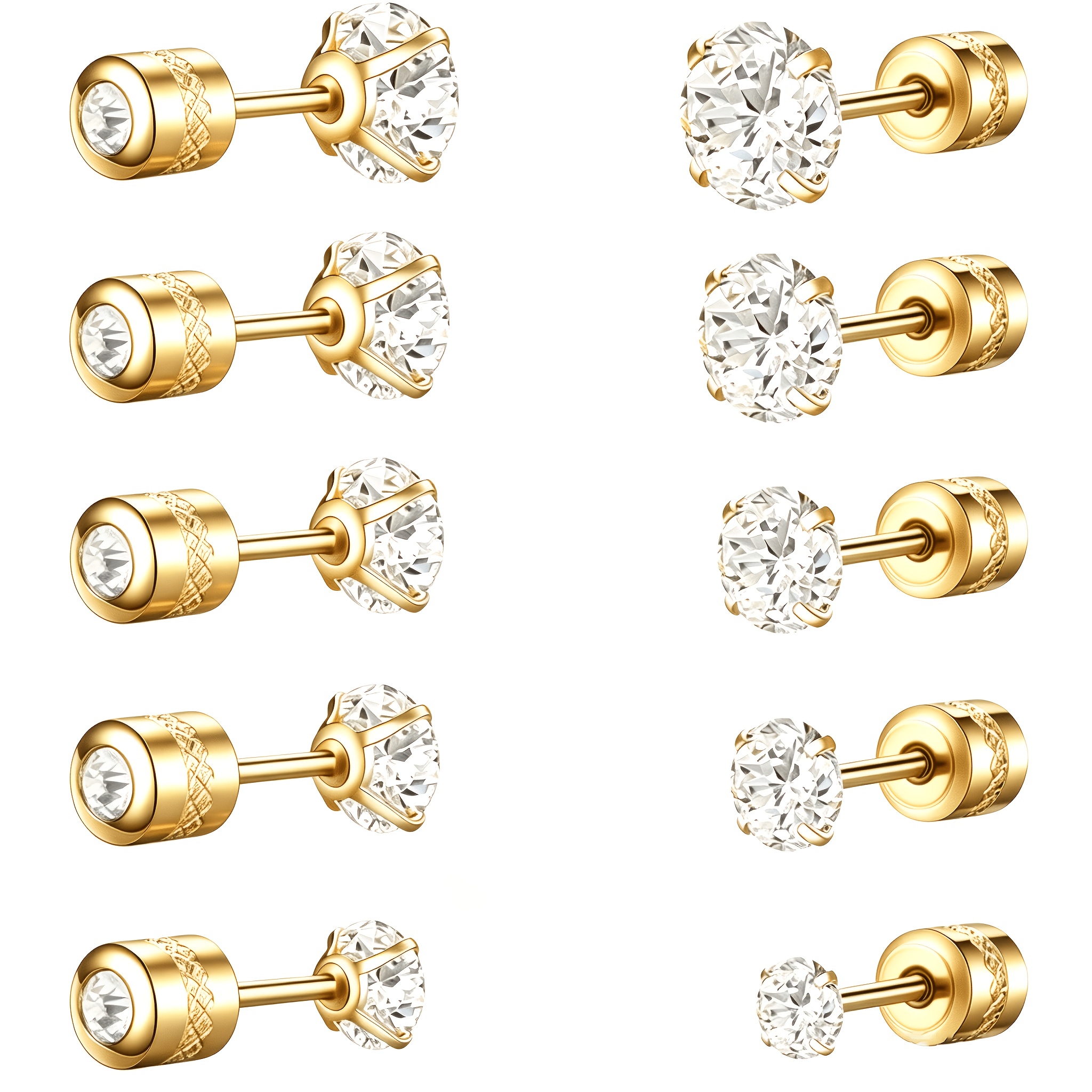TEMU 5pairs Sets 304 304 Stainless Steel Cubic Synthetic Zircon Screw Back Stud Earrings For Women Men Multipack Small Dainty Simulated Cz Studs