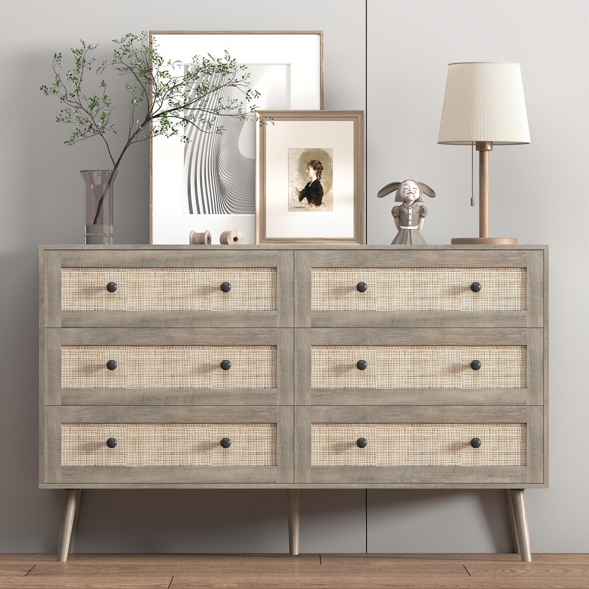 rattan 6 drawer double dresser for bedroom 47 2 wide boho chest of drawers modern wooden dresser chest with golden handles   table for closet living room and entryway