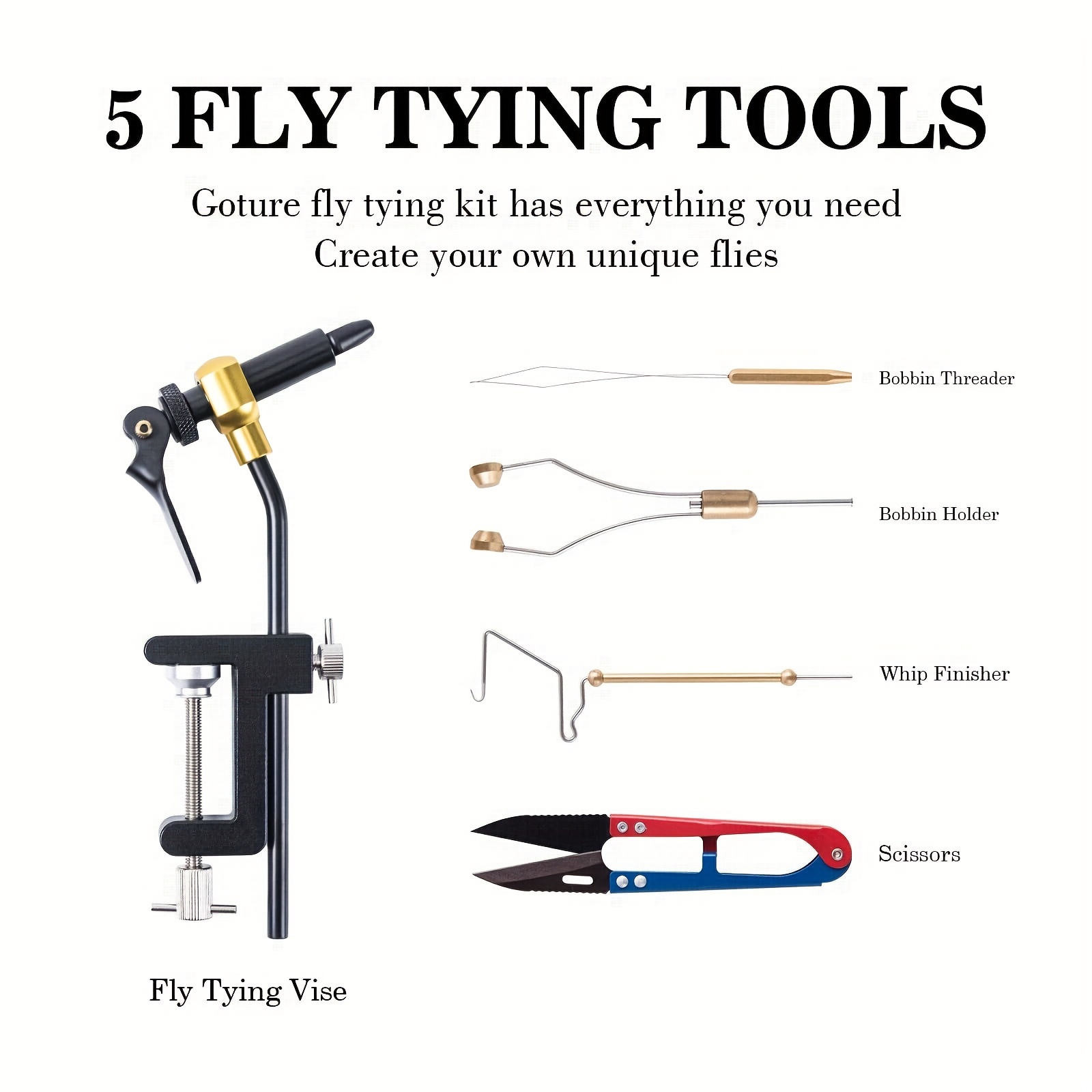 5Pcs Fly Tying Tools set Bobbins Hackle Whip Finishers Scissors Bobbin  Threader Fly Fishing Tying Supplies kit