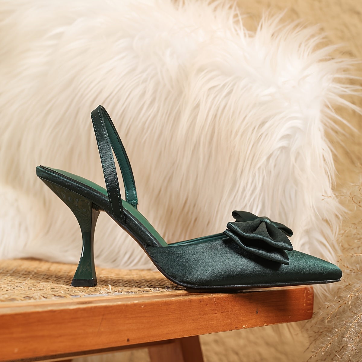 elegant green satin bowknot women's slip high heel sandals Temu - Main Image
