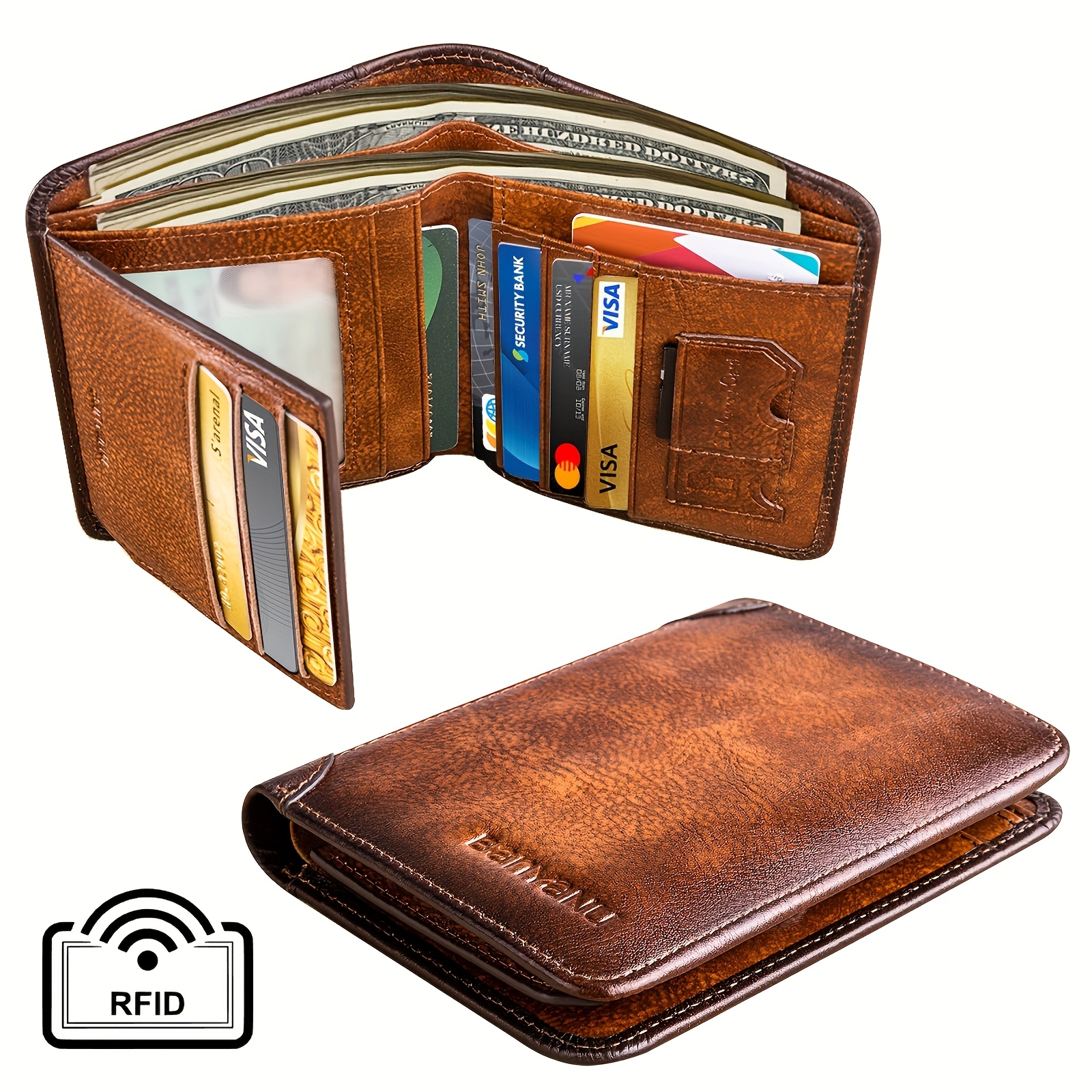 rfid blocking trifold genuine leather wallets for men vintage short multi function credit card holder money clips with 2 id windows give gifts to men