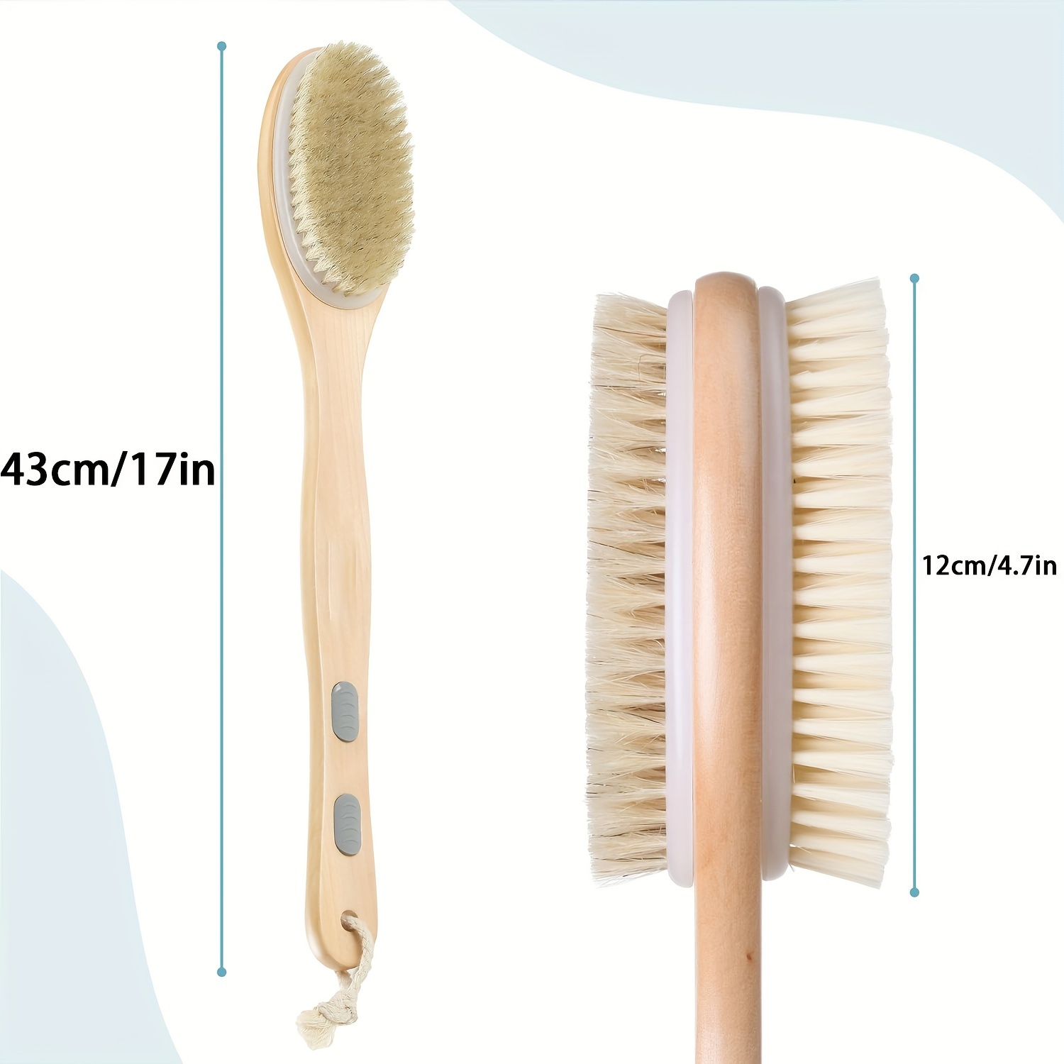 dual sided shower brush with long handle bristle body scrubber exfoliating back brush skin softening and deep clean non absorbent for lotion application no power needed Product details 0