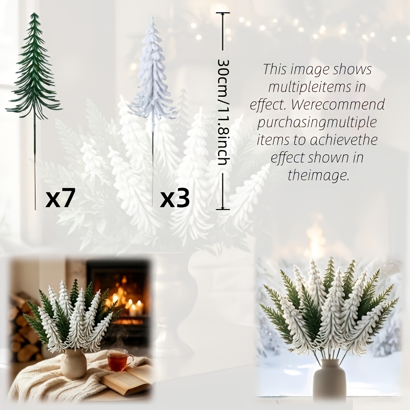 TEMU 10pcs New Style Artificial Christmas Pine Branch Bouquet | White And Green Flocked Pine Branches, Nordic Decor, Suitable For Home, Weddings,