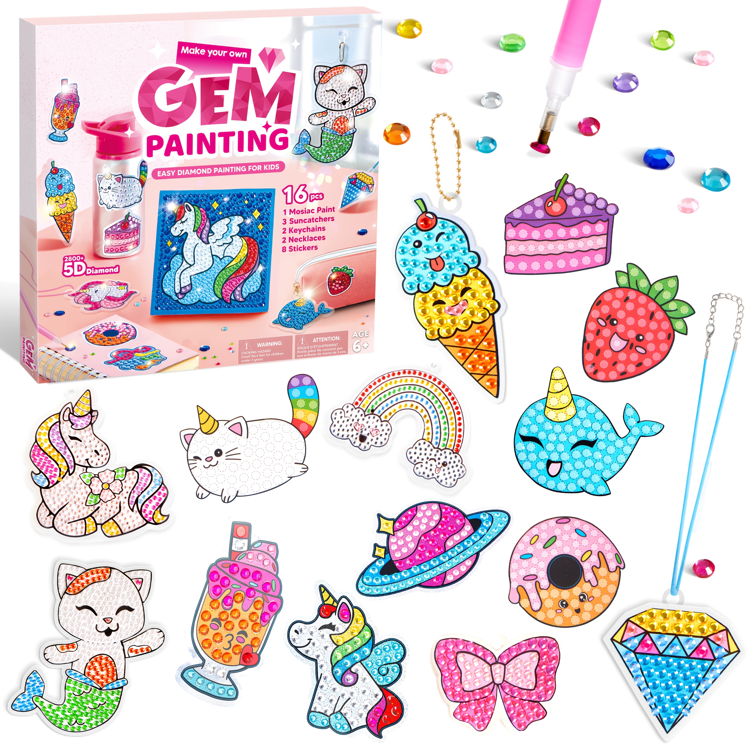 TEMU 16 Projects Gem Painting Toy For Kids, Kids Diamond Gem Painting Kit With 5d Gem, Arts And Crafts For Girls Ages 6+, Gem Craft Activities Kits,