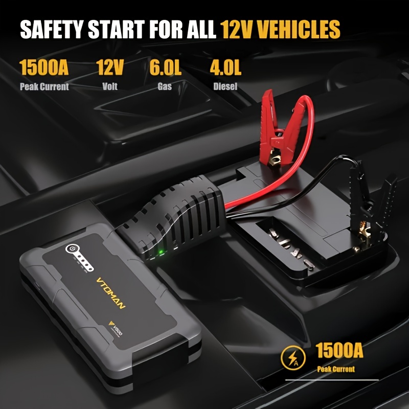

Vtoman V1500 Jump Starter With Portable Laptop Charger & Ac Outlet, 1500a Car Jump Starter Box Battery Pack Up To 6l Gas/4l Engines