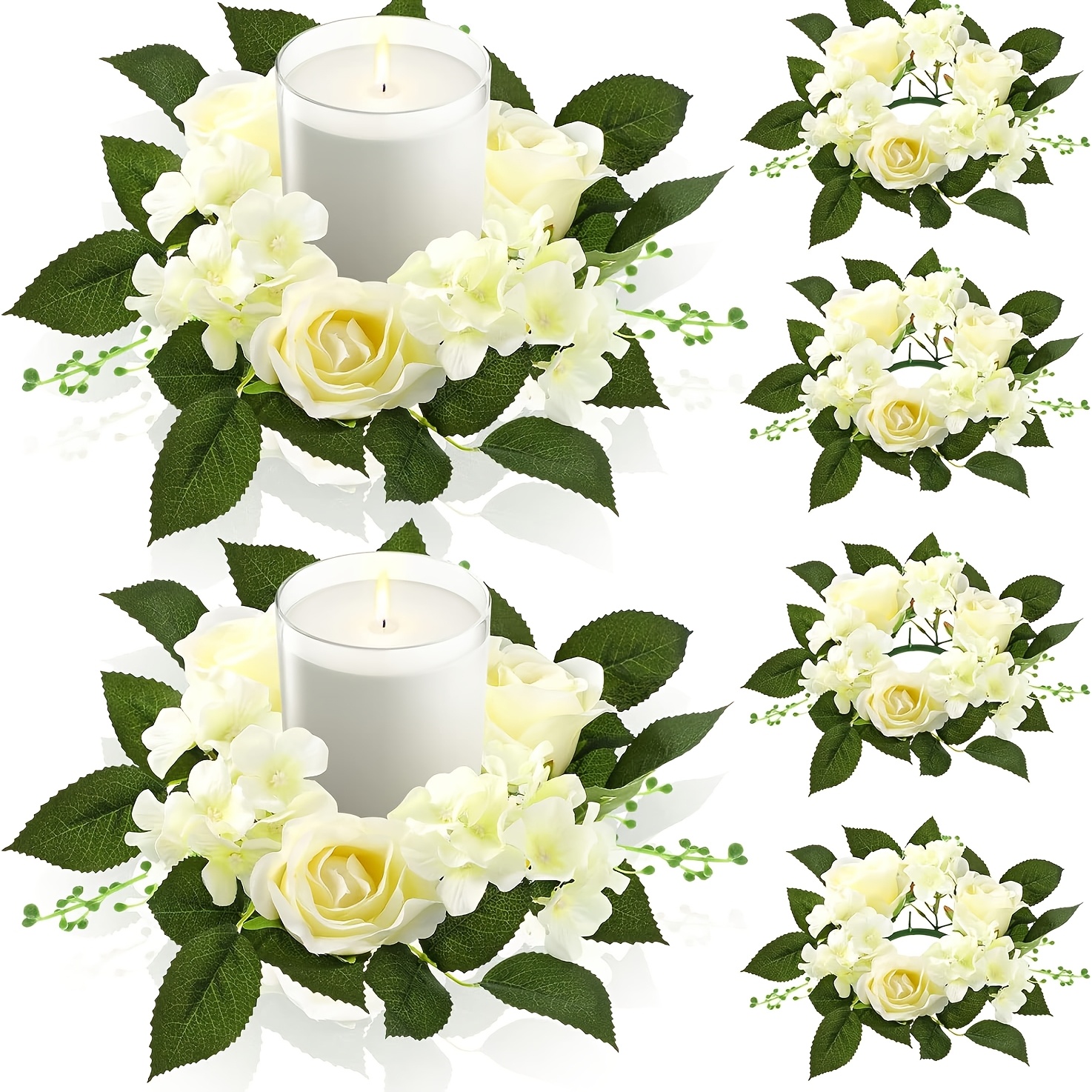 6pcs Wedding Rose Candle Rings Artificial Floral Wreaths With Green Leaves White Flower Candle Rings Candleholders Garland For Wedding Valentine's Day Pillar Centerpiece Party Table Decor