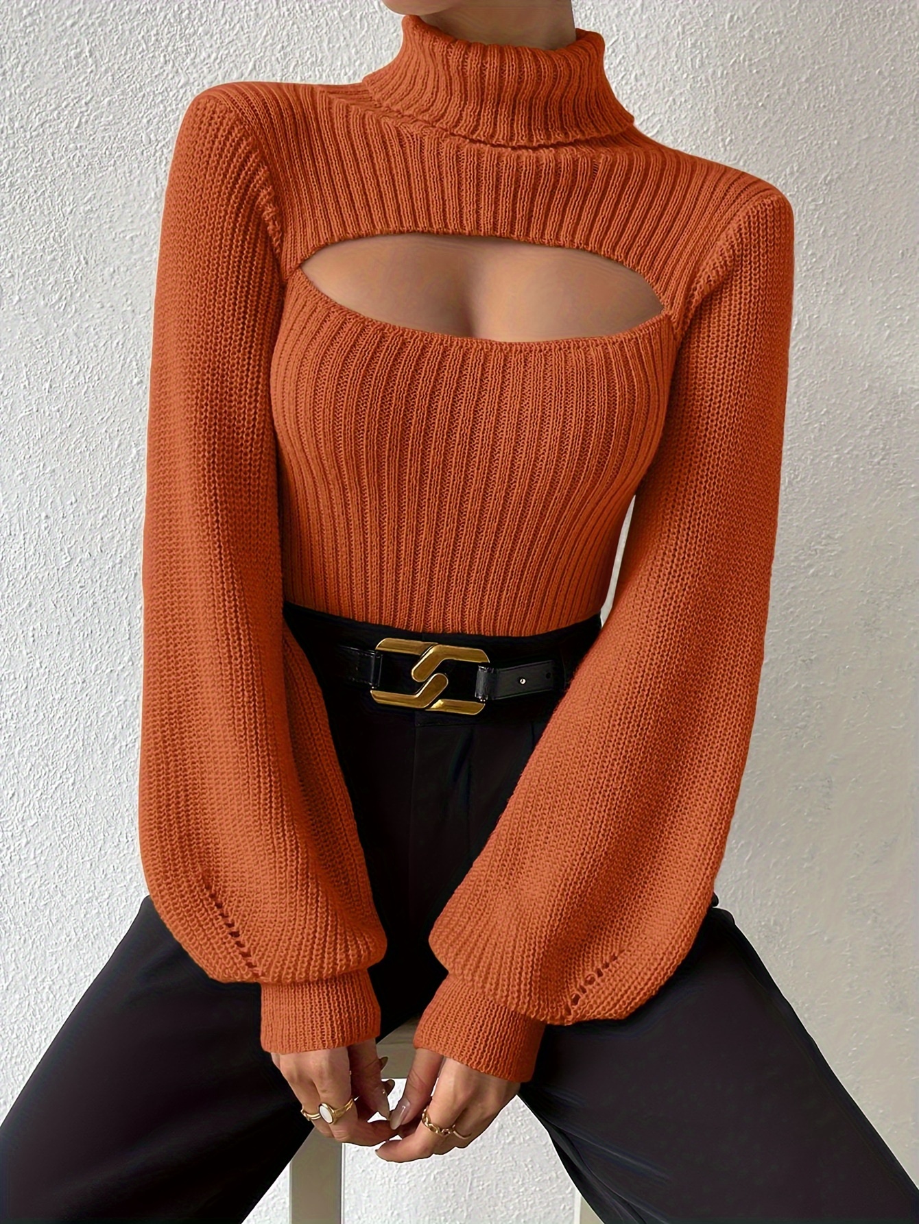 plus size cut knitted sweater stylish turtleneck lantern Temu