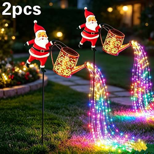2er-Set Weihnachtsdekoration für den Außenbereich, IP55 Solar-Außenlaternen, Solar-Weihnachtsmann-Teekannenlicht, Solar-Gartenleuchten für den Außenbereich, Weihnachtsdeko für Zuhause, Außendekoration für den Garten, geeignet für Veranda, Zaun, Terrasse, Rasen, Weg, Partydekoration
