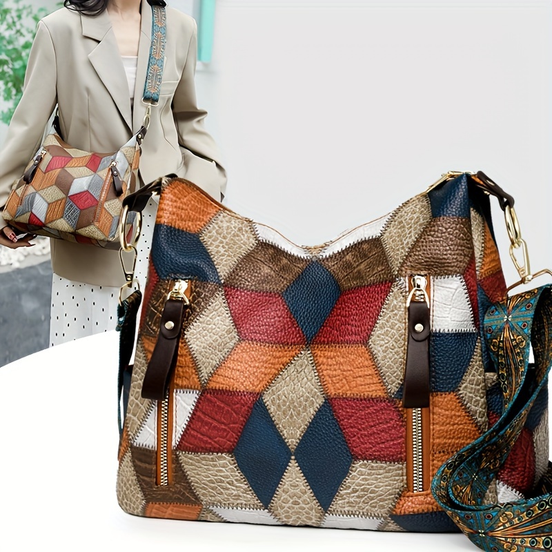 

Patchwork Pattern Faux Leather Shoulder Bag, Elegant & Boho Style Large Capacity Tote, Versatile Crossbody Handbag With Color Block Design For Work & Daily Commute