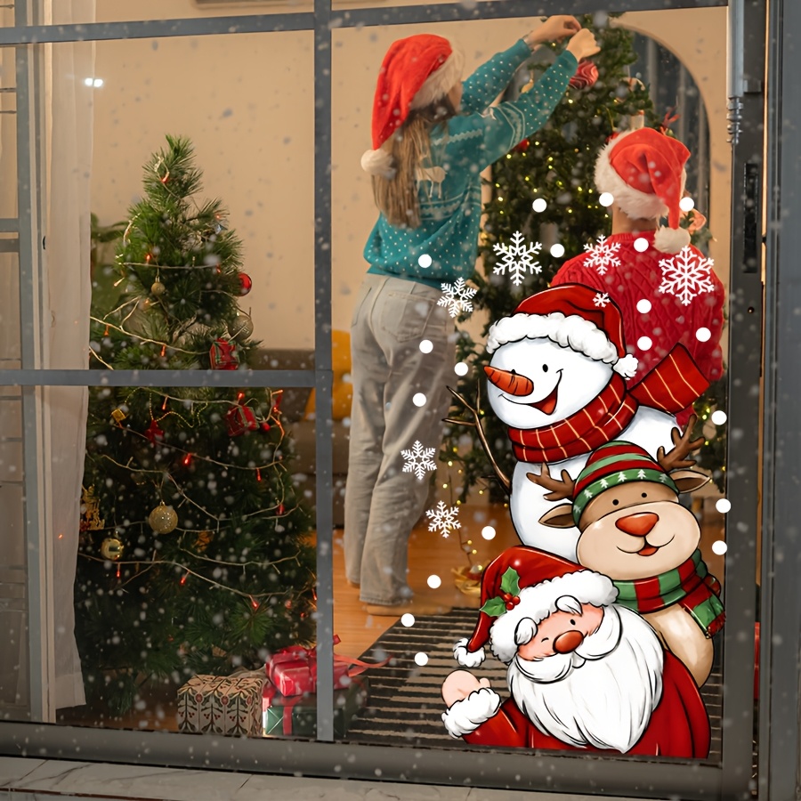 TEMU Peeking Santa Snowman Reindeer Window Sticker, Christmas Character Snowflake Snow Dot Winter Xmas Static Window Cling, Double-sided , No Glue No