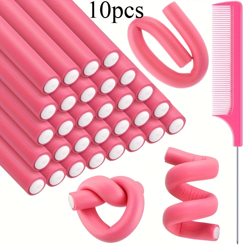 TEMU 10pcs Flexible Curling Rods: Twist Foam Hair Rollers - Soft Foam, No Heat, Suitable For Normal Hair Texture - 1 Steel Pintail Comb