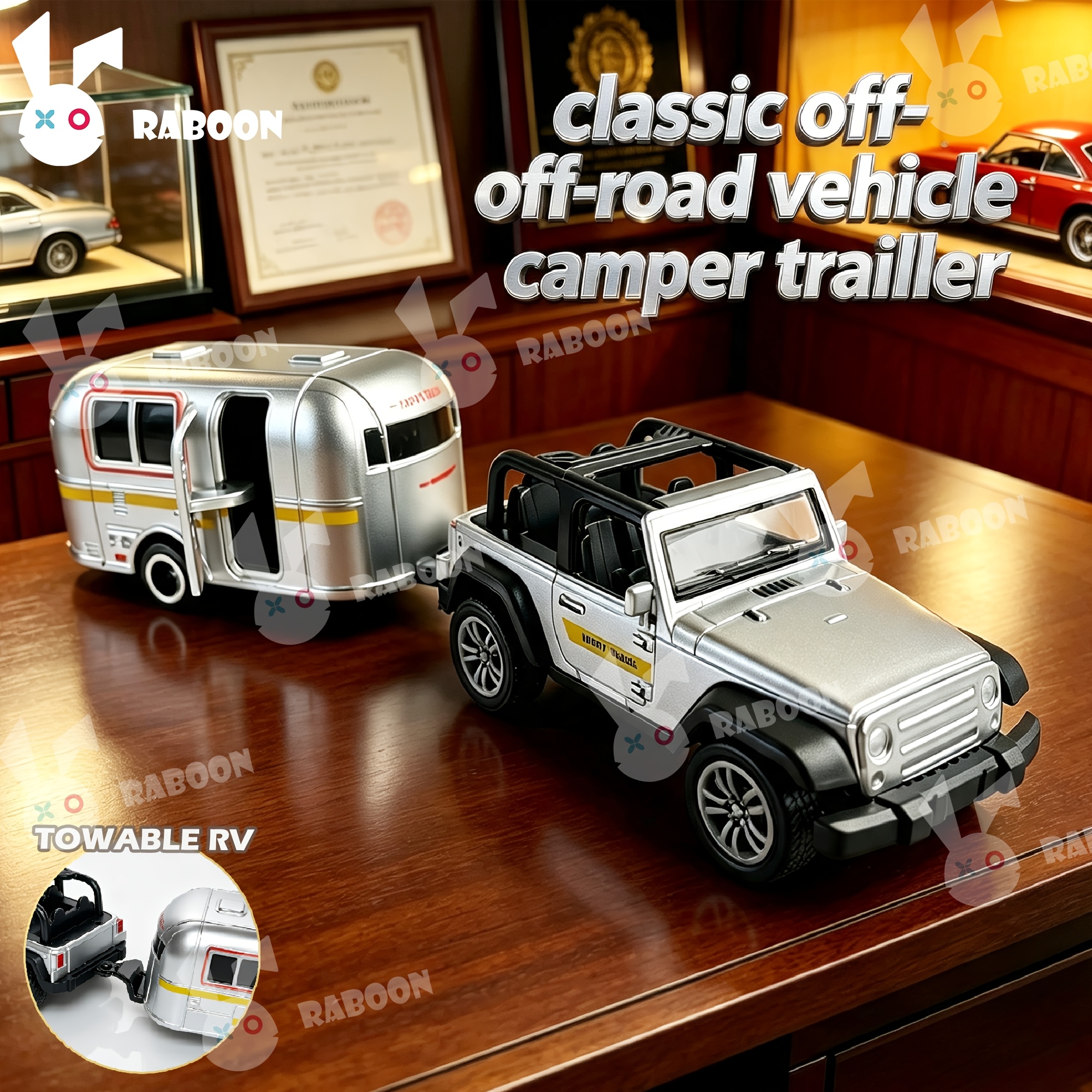 TEMU Ensemble de voiture tout-terrain et remorque de camping-car en alliage moulé , modèle de camping- avec portes ouvrables et détachable, jouet de