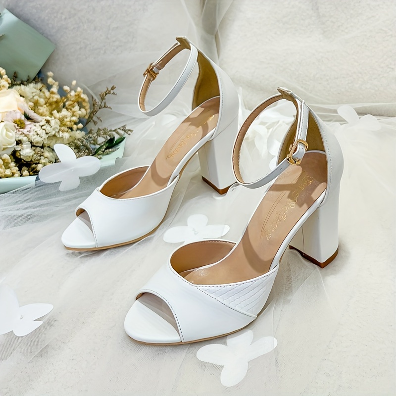 womens white block heel sandals ankle strap open toe Temu