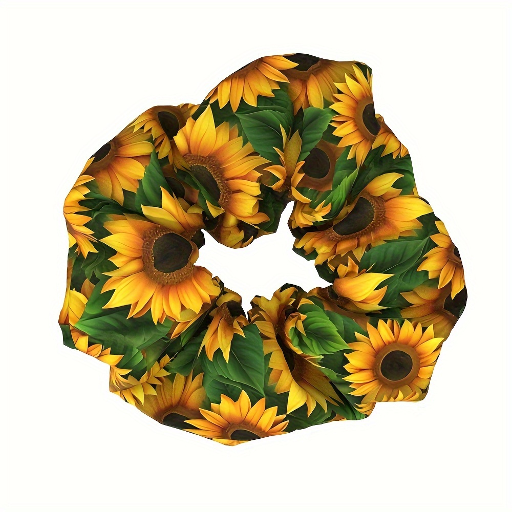 

Sunflower Print Scrunchie - Bohemian Style Fabric Hair Tie For Women, Vibrant Yellow Sunflower Design With Green Leaves, Soft And Stylish Hair Accessory For Casual Or Boho Outfits