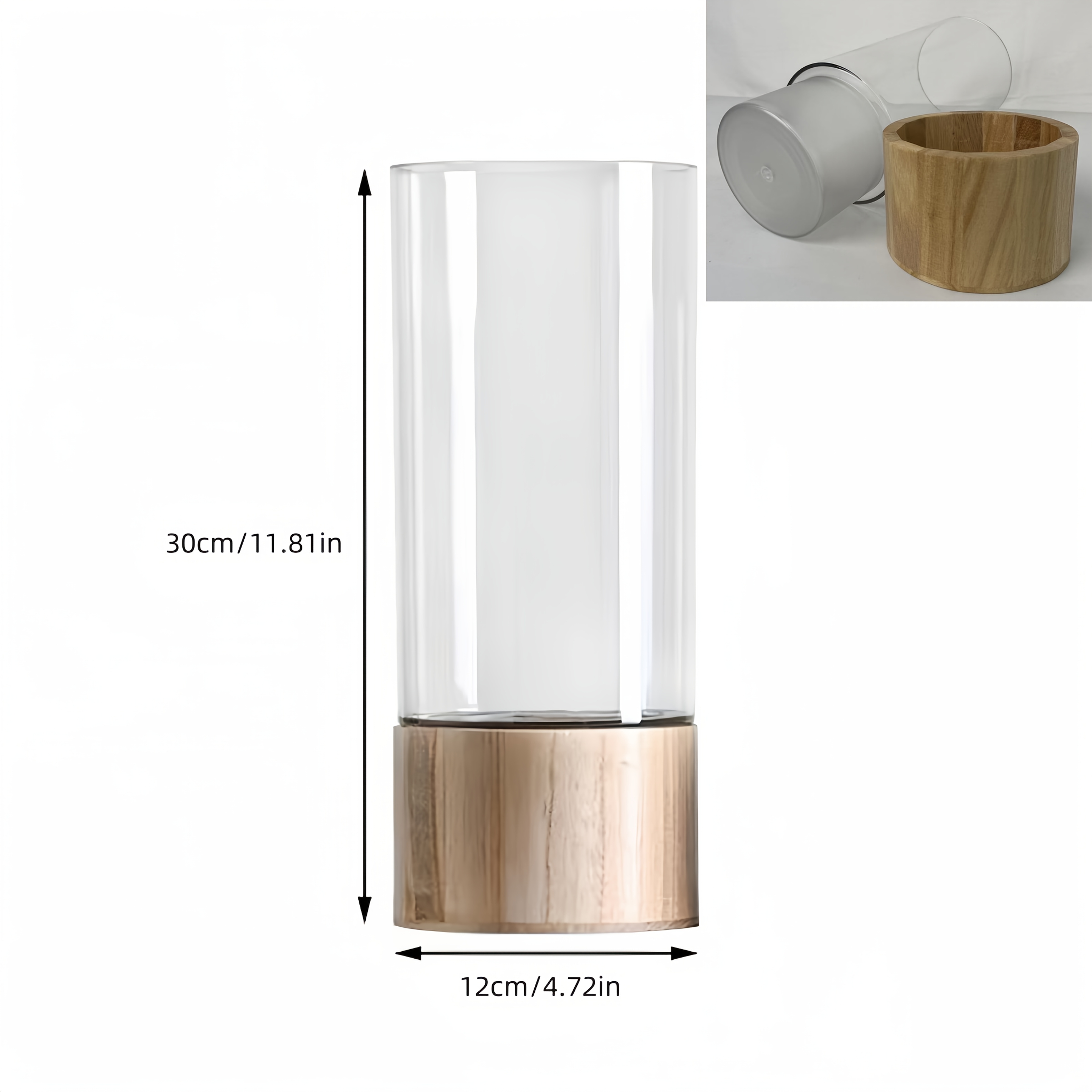 Image of 1pc Modern Nordic Acrylic Vase With Wooden Base - Minimalist Cylindrical Flower Vase Suitable For Living Room Decor, Wedding, Centerpiece, & Scandinavian Floral Arrangements