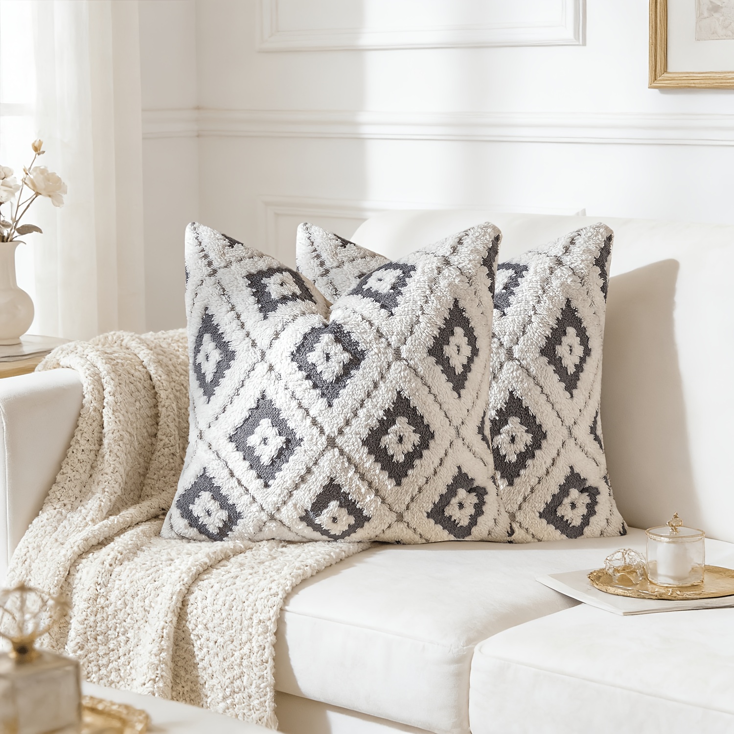 2pcs Plush Diamond Patterned Decorative Pillow Covers, 45.72x45.72 cm, Bohemian Style Diamond Patterned Decorative Pillow Covers, Soft and Comfortable, Suitable for Decorating Bedrooms, Living Rooms, Sofas
