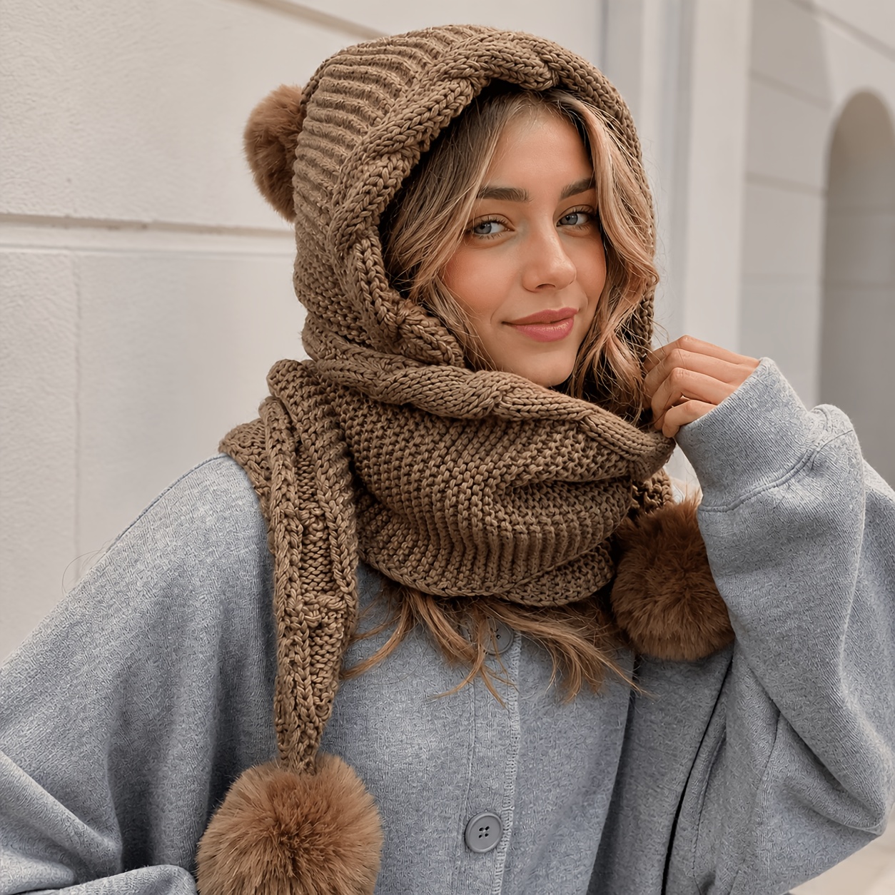 TEMU 1pc Full-body Hairball Hat, Women's 3-in-1 Winter Balaclava Hat, Warm Hooded Scarf With Neck Warmer & Pom Pom, Cozy Cold Weather Outdoor Head