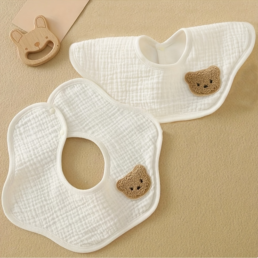 Image of 2pcs Bear Muslin Bibs With Snap Closure - Soft Breathable Drool Bib For, Feeding, Smock For Families (multicolor, Suitable For Families)
