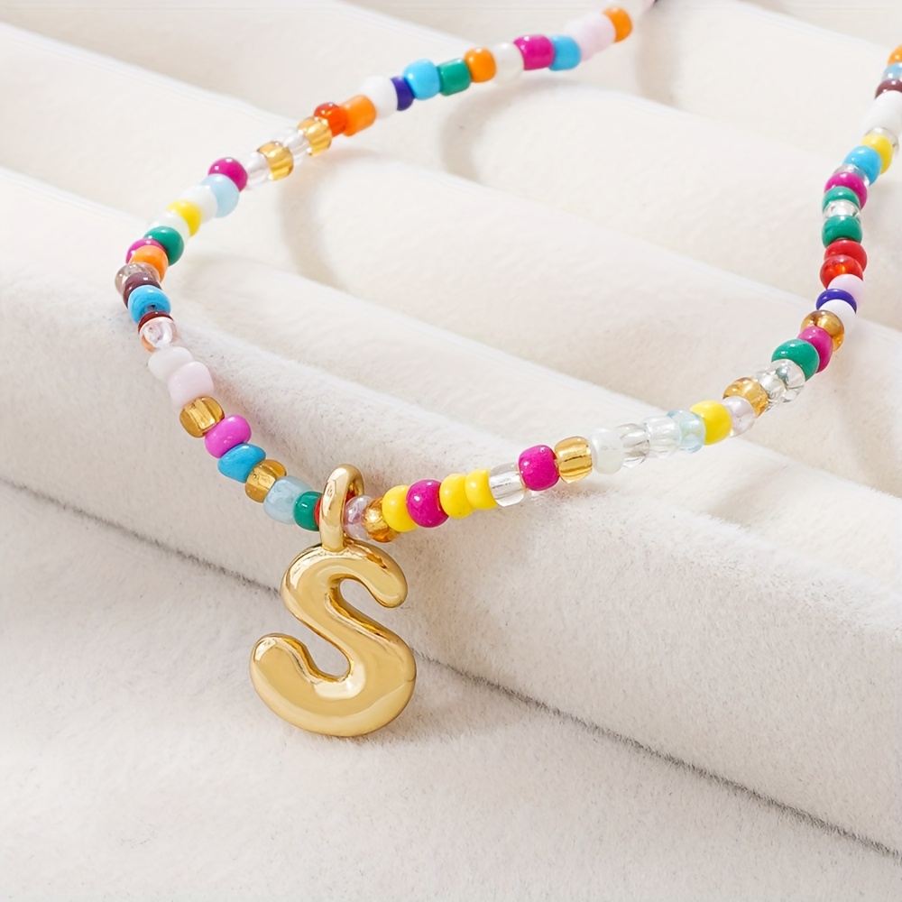 TEMU 1pc 26 Letter Enamel Pendant Necklace - Colorful Rice Beads Adjustable Chain, Trendy For Festival Festival Birthday Gift