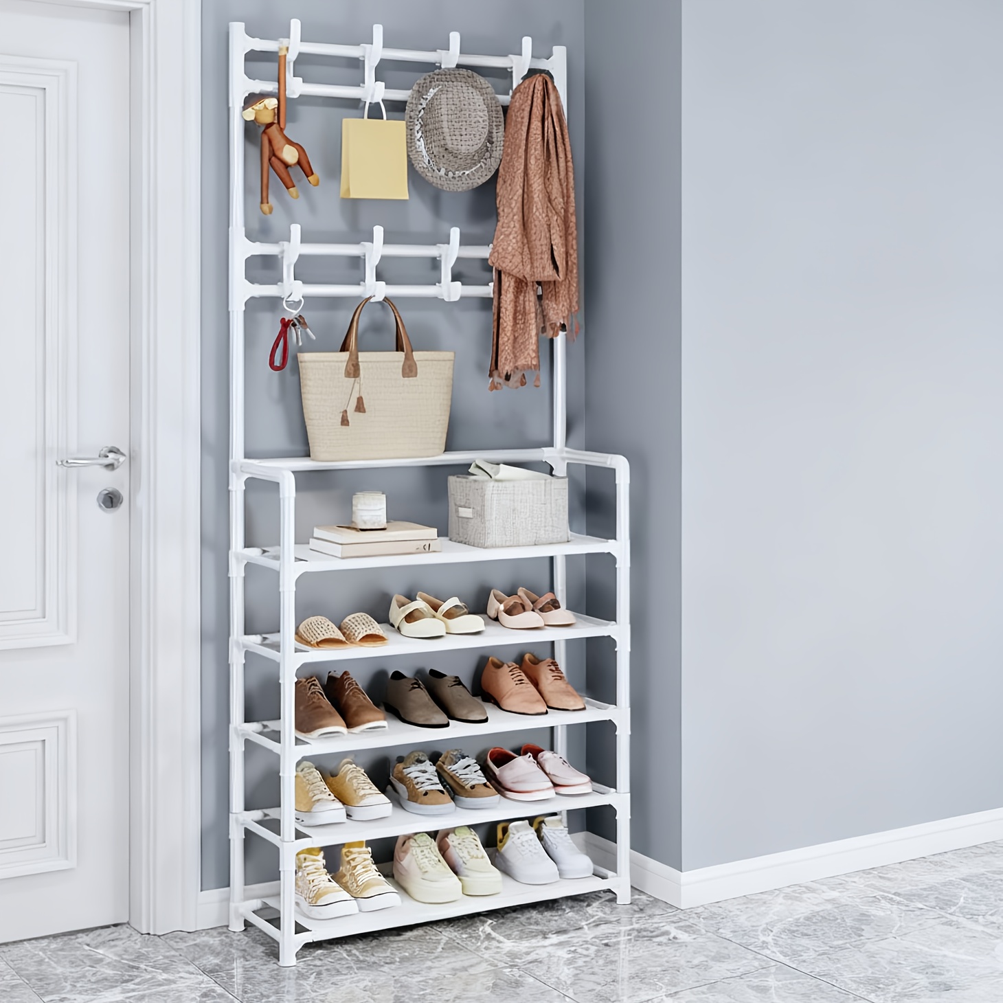 TEMU Coat Rack With Shoe Rack Organizer, 3-in-1 Metal Hall Tree With 5-tier Shelf And 8 Removable Hooks, Freestanding Coat Shoe Rack For Front Door