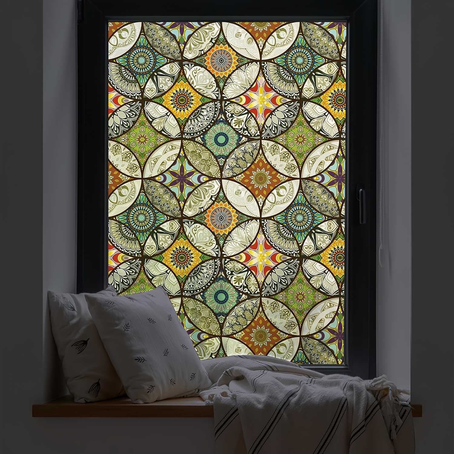 Image of Vibrant Stained Glass Privacy Window Film - 10mil Pvc, Electrostatic No-glue Installation, Design For Home, Office, Or Bathroom Decor, Light-filtering & Sun-blocking