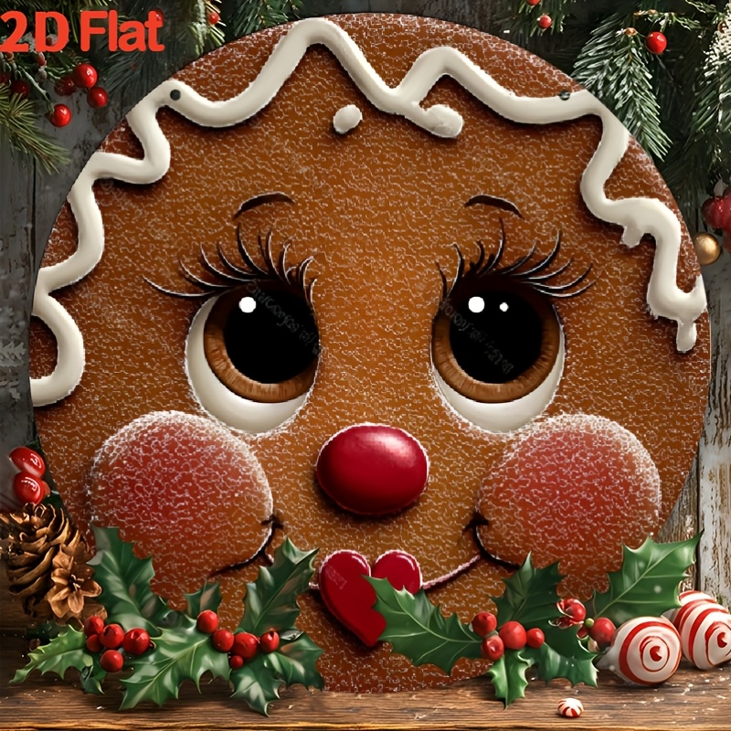 Image of 2d Flat, 8x8inch Round Gingerbread Face Wreath Sign - Smiling Gingerbread For Man And Lady Wall Decor With Icing Border, Durable Metal Suitable For Christmas, Thanksgiving