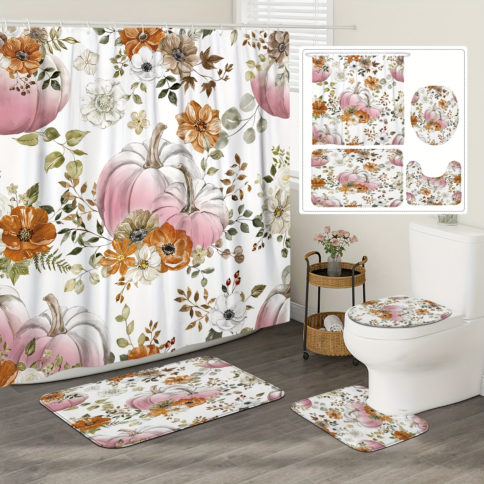 

1/4pcs Fall Curtain Curtain And Rugs Polyester For Bath Or Decor 12 Bath Mat Lid Mat
