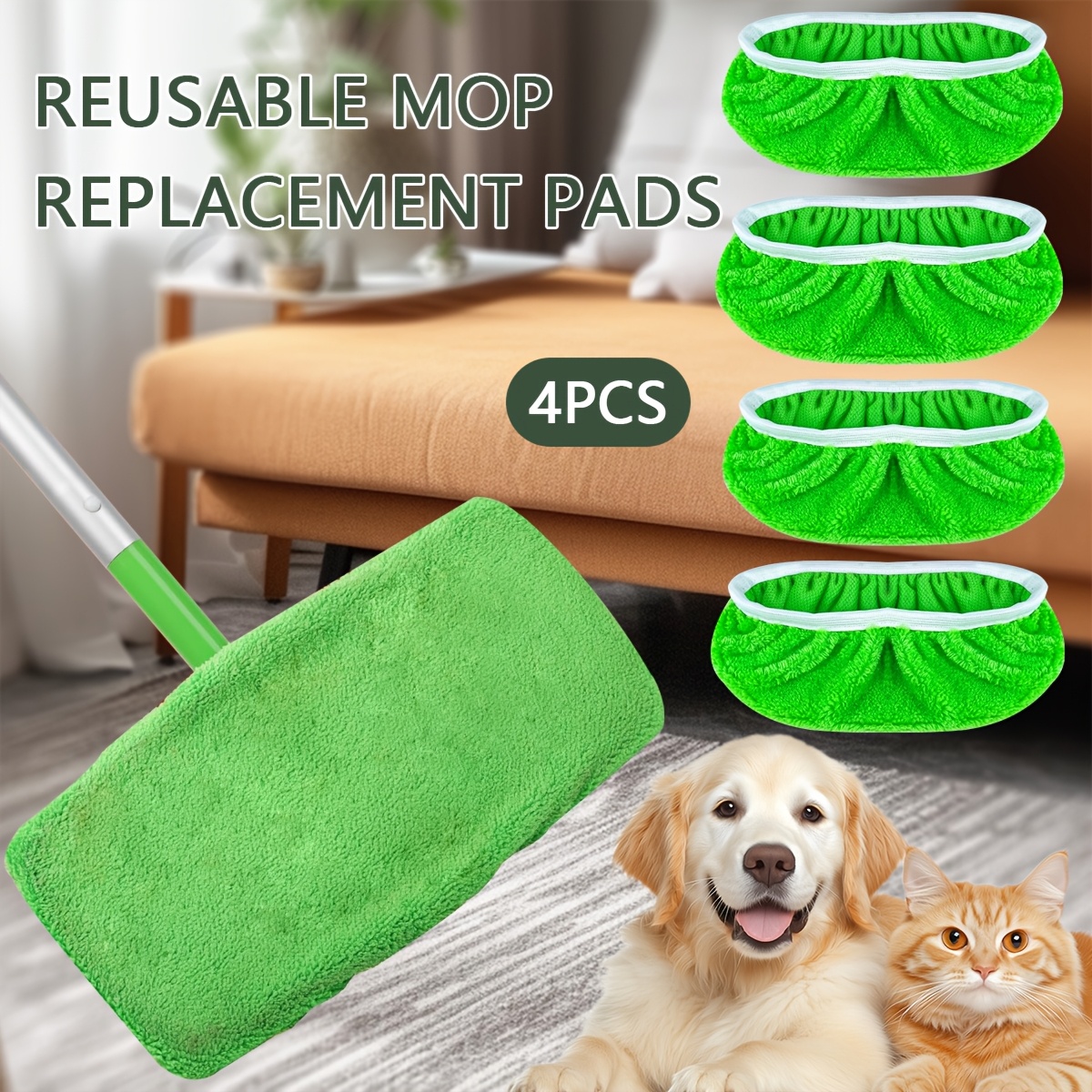 

4pcs Green Microfiber Mop Pads With Easy Design - & Washable For Wet Or Dry Floor Cleaning, Homes With Pets, Mops For Floor Cleaning