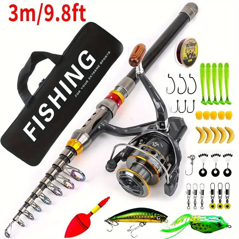 70.87-141.73inch Telescopic Fishing Rod And 5.2:1 * Reel Combination, Bait, Hook, Fishing Bag, Travel Fishing Gear Accessories Kit 70.87-141.73inch Telescopic Fishing Rod And 5.2:1 * Reel Combination, Bait, Hook, Fishing Bag, Travel Fishing Gear Accessories Kit