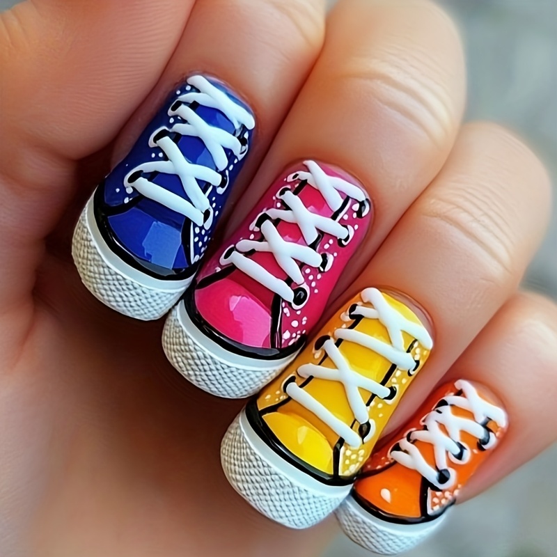24pcs Press-on Nails With Blue, Pink, Yellow, Orange, White, And Black Canvas And Design, Medium-length Ballet Fake Nails, Glossy Detachable Nails For Daily Wear And Outfits, Decorative Press-on Nails