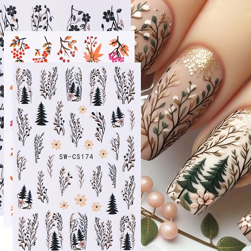 

7pcs Floral & Leaf Nail Art Stickers Set - Self-adhesive Decals With Hibiscus, Hearts, Lines, Trees & For Diy Manicure - Women And Girls, Rain, Nail