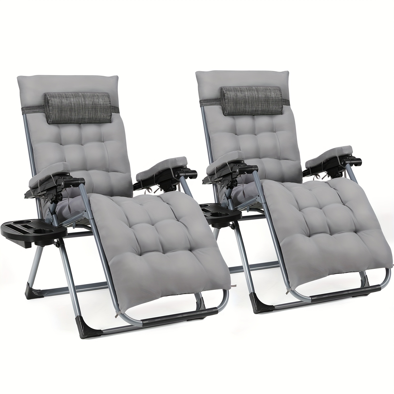 Image of 2pcs Outdoor Lounge Chairs, Featuring Fabric And Removable Seat Cushion, Foldable Camping Chair, Balcony Chair, With Pillow And Cup Holder, Weight Capacity 160kg, Grey/black