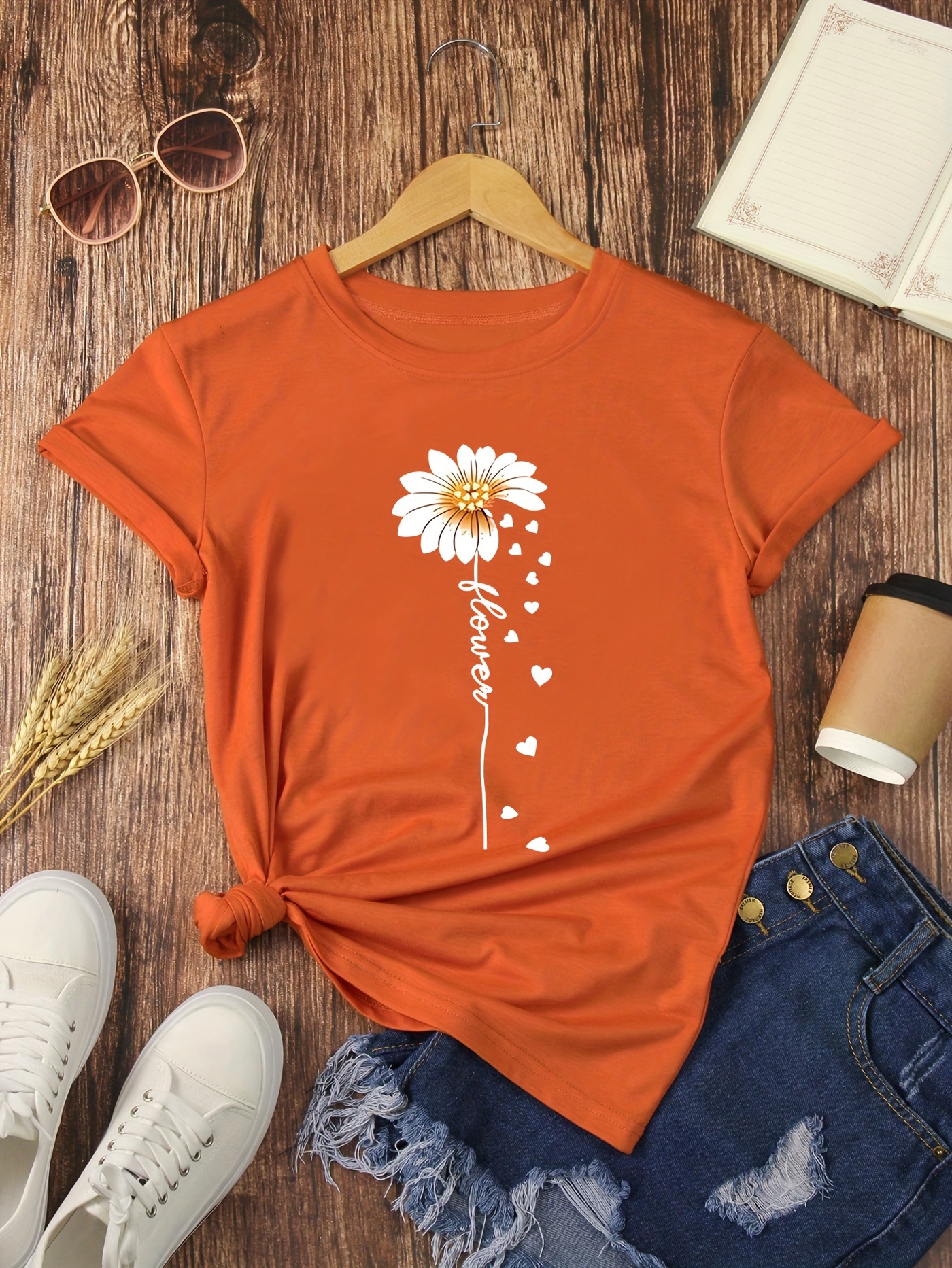 Flower Print T-shirt, Short Sleeve Crew Neck Casual Top For Summer & Spring, Women's Clothing