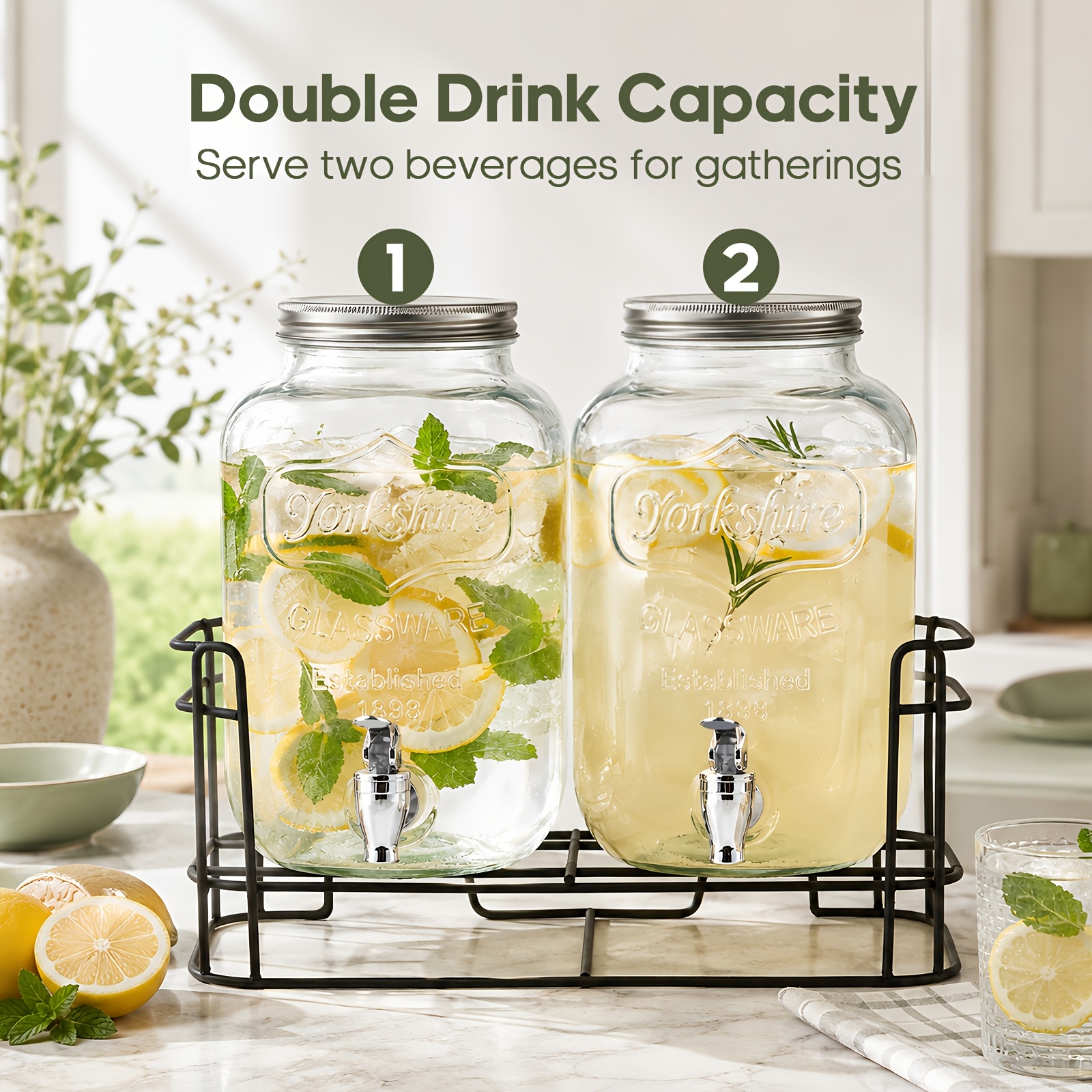 TEMU Ensemble de machine à boissons à double robinet 2X4L, distributeur en verre épaissi avec support en métal doré, facile à nettoyer, convient pour