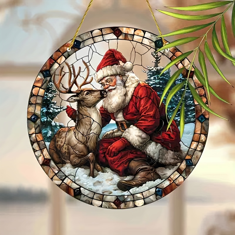 

9"x9" Santa - Stained Hanging For Christmas Decor, & Use,