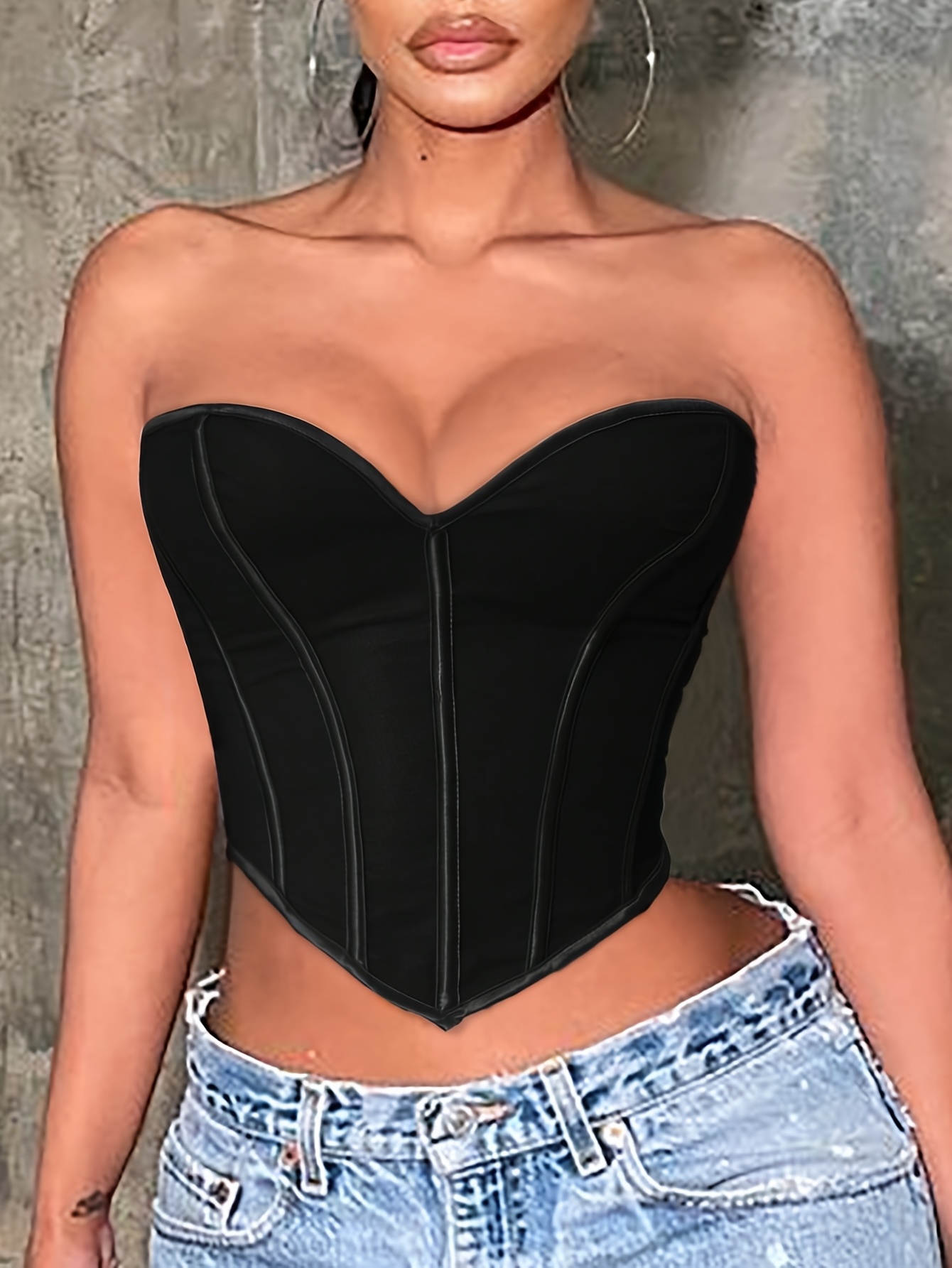 Sexy Backless Corset Top with Fishbone Back Tie - Adjustable Straps & Tummy Control Shapewear for Women, Black Solid Color, Hand Wash Only, Clubwear & Evening Outfits